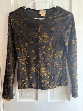 Divine Vintage Floral Cardigan Sweater Womens Small S Black Gold Knit EUC